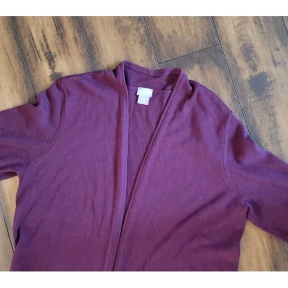 Chicos Pleated Faux Pearl Cardigan Maroon Large Flared Sleeves Open Front - Picture 5 of 10